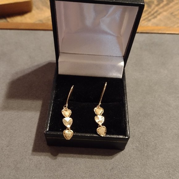 10K Yellow Gold Heart Drop Earrings - Picture 2 of 8